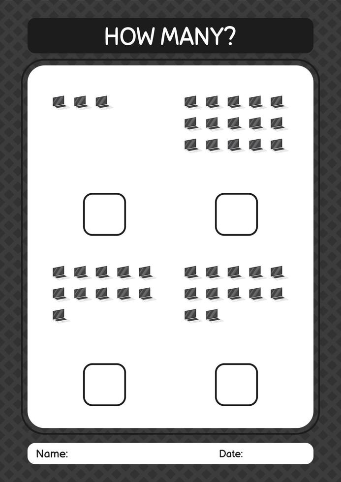 How many counting game with laptop. worksheet for preschool kids, kids activity sheet vector