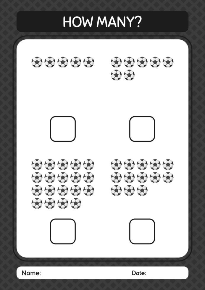 How many counting game with soccerball. worksheet for preschool kids, kids activity sheet vector