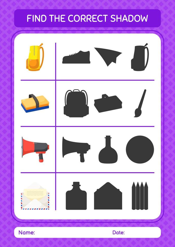 Find the correct shadows game with summer icon. worksheet for preschool kids, kids activity sheet vector