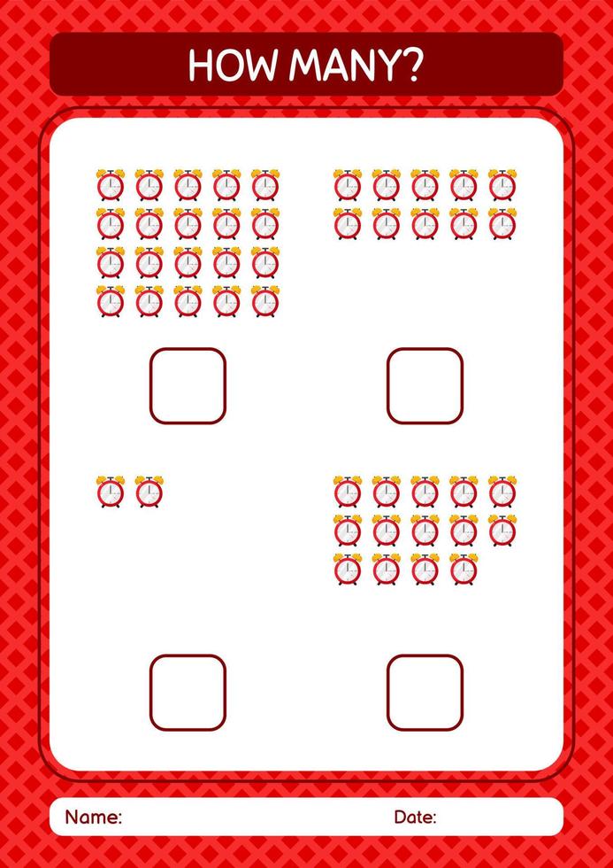 How many counting game with waker clock. worksheet for preschool kids, kids activity sheet vector
