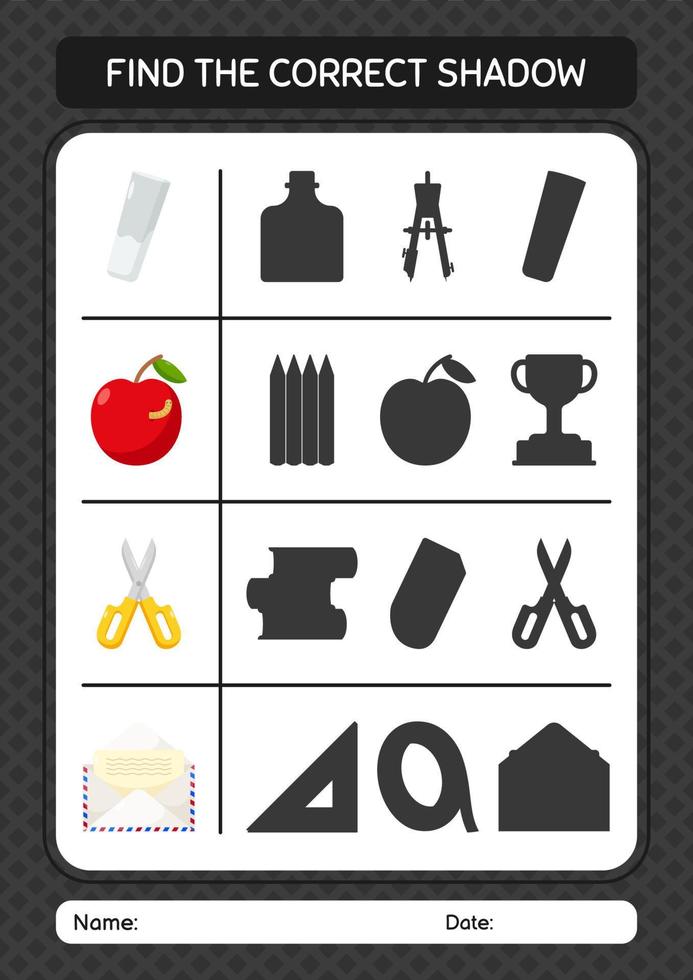 Find the correct shadows game with summer icon. worksheet for preschool kids, kids activity sheet vector
