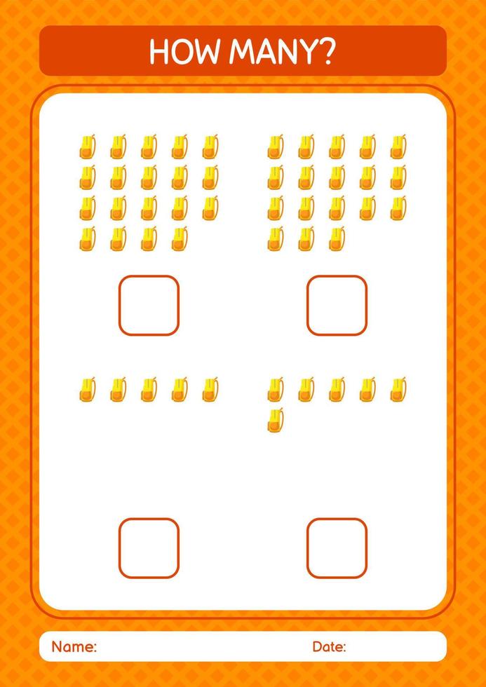 How many counting game with backpack. worksheet for preschool kids, kids activity sheet vector