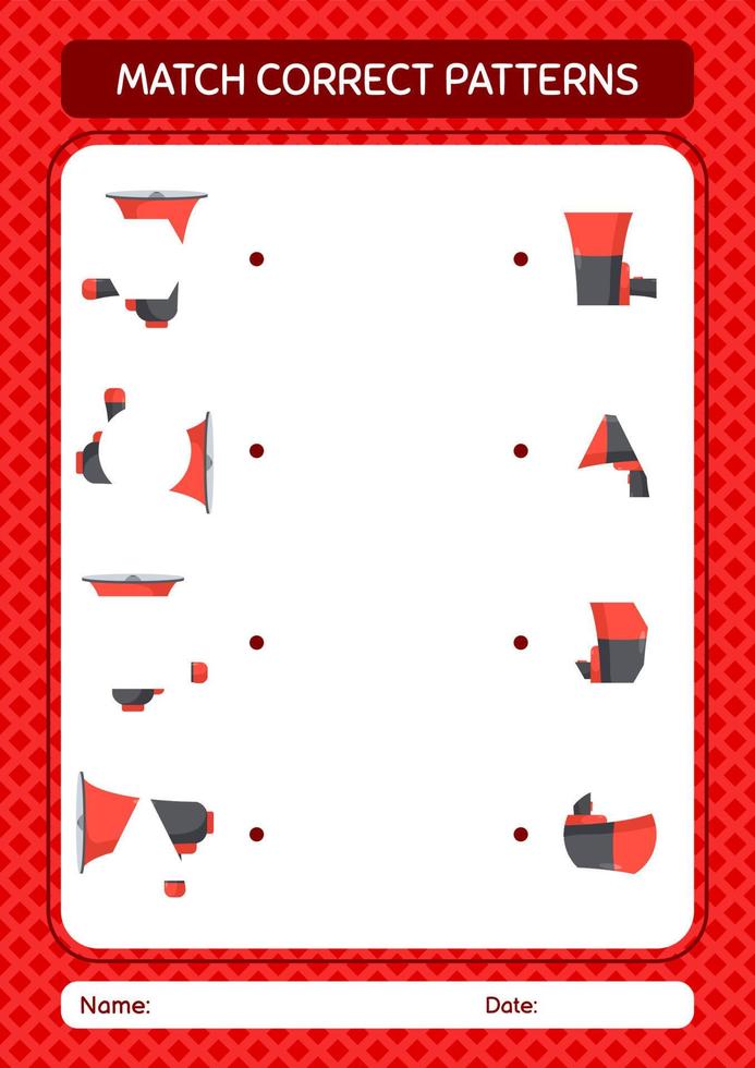 Match pattern game with horn loudspeakers. worksheet for preschool kids, kids activity sheet vector