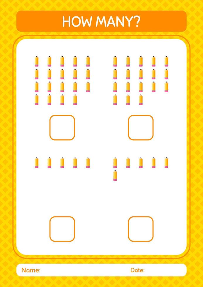 How many counting game with pencil. worksheet for preschool kids, kids activity sheet vector