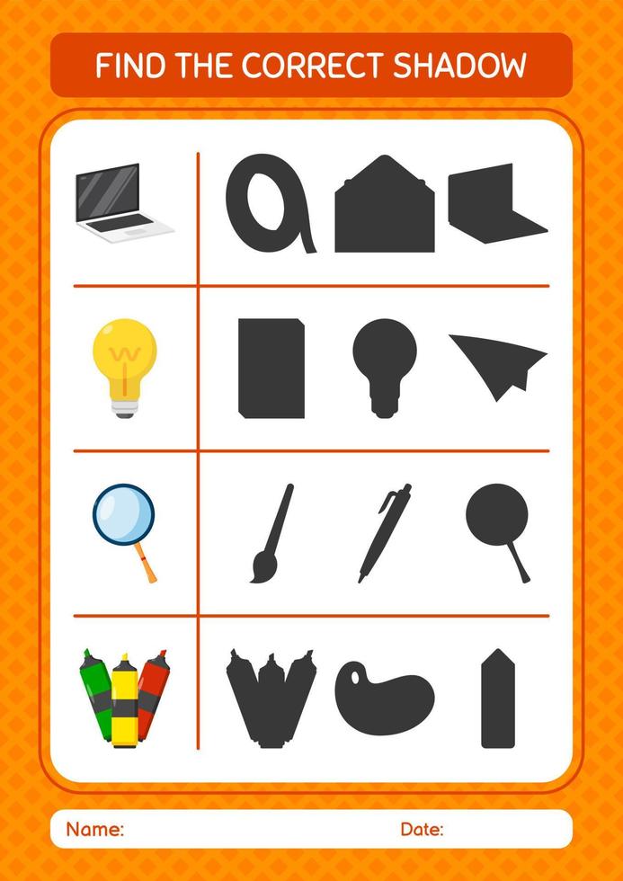 Find the correct shadows game with summer icon. worksheet for preschool kids, kids activity sheet vector