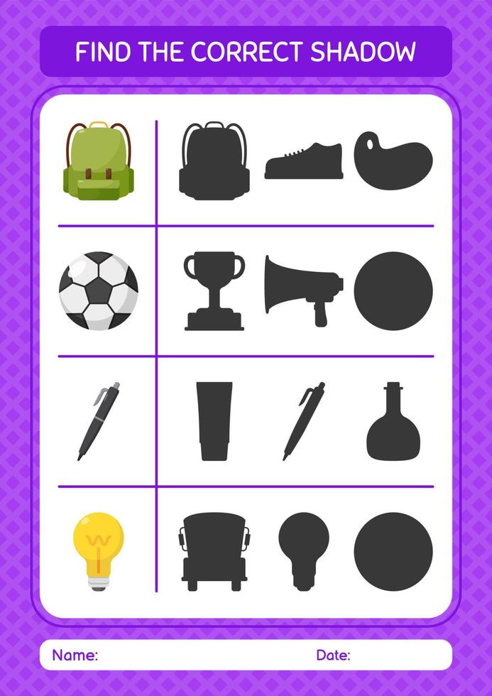 Find the correct shadows game with summer icon. worksheet for preschool kids, kids activity sheet vector