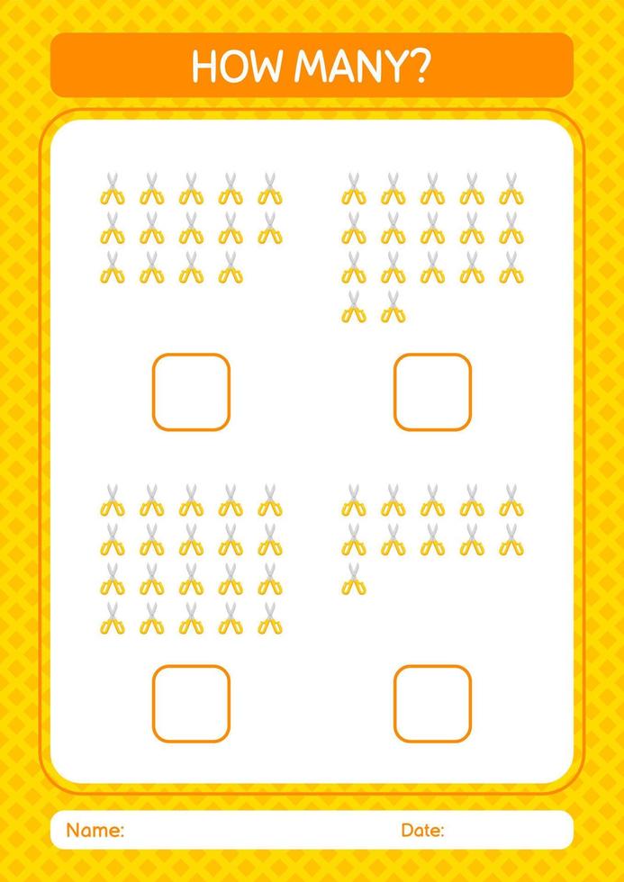 How many counting game with scissors. worksheet for preschool kids, kids activity sheet vector