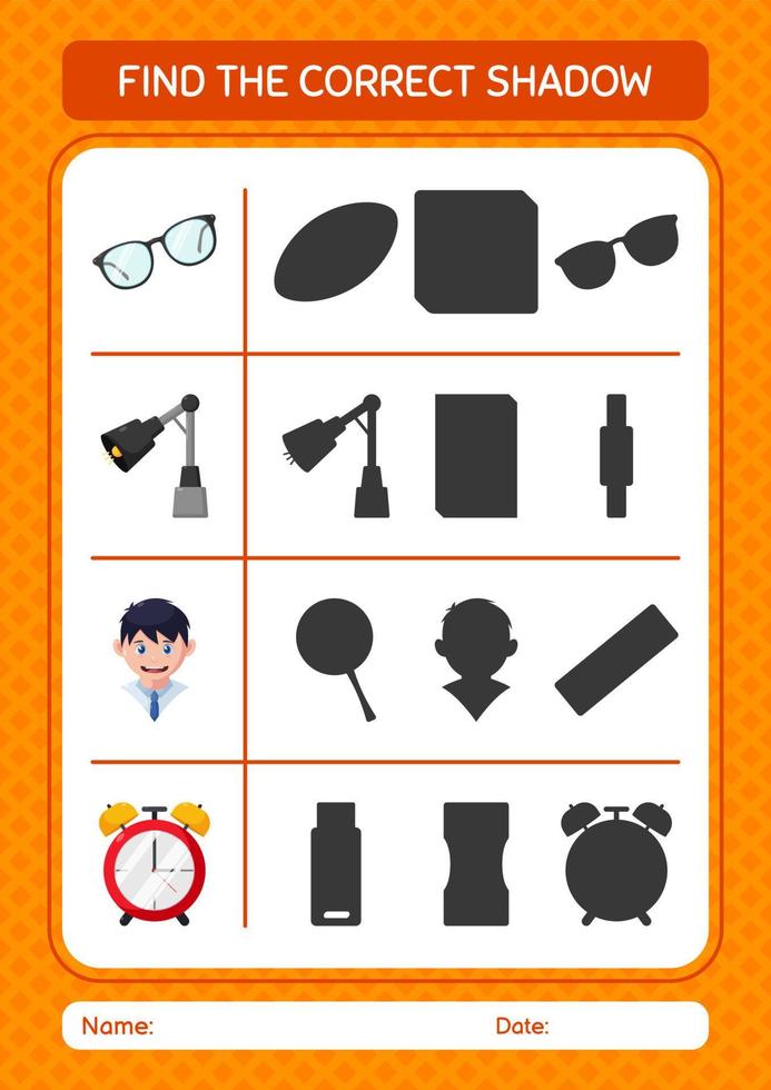 Find the correct shadows game with summer icon. worksheet for preschool kids, kids activity sheet vector