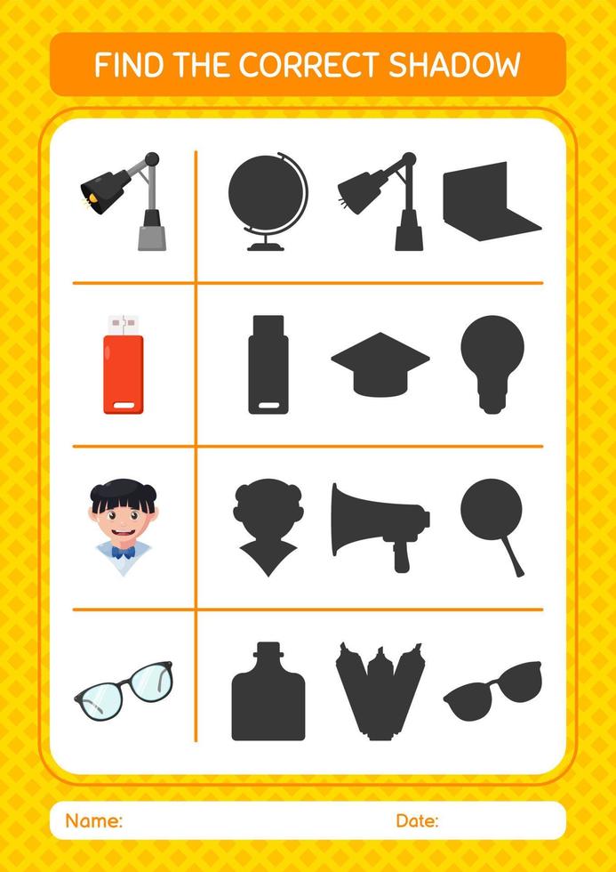 Find the correct shadows game with summer icon. worksheet for preschool kids, kids activity sheet vector