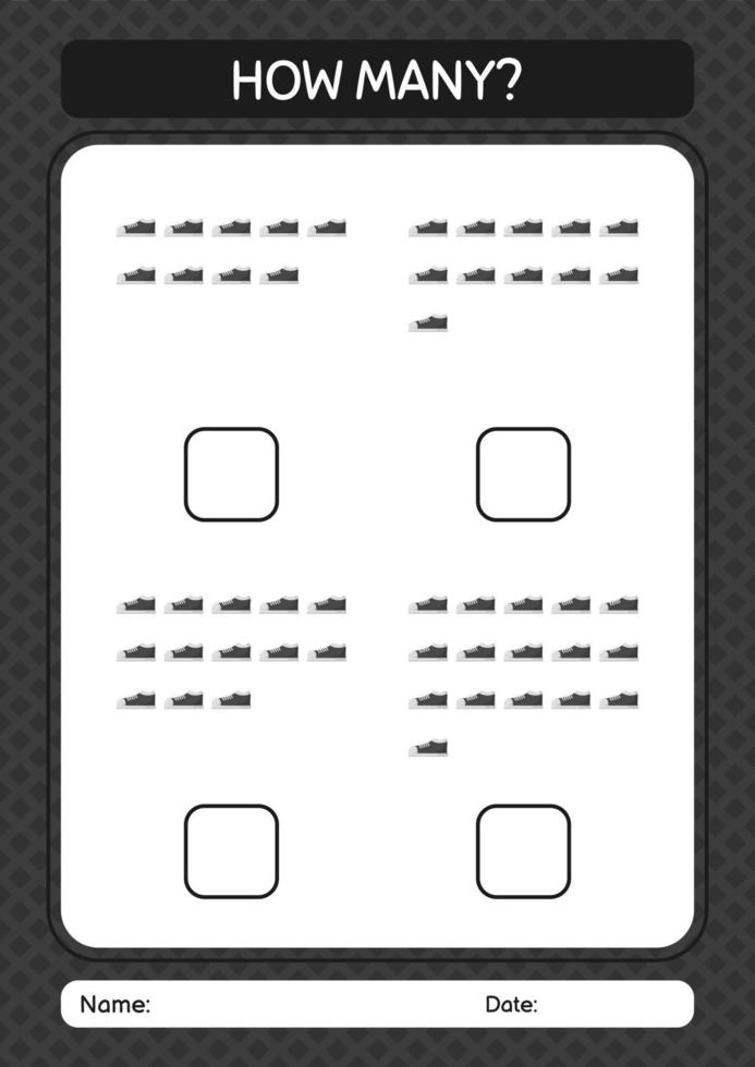 How many counting game with shoes. worksheet for preschool kids, kids activity sheet vector