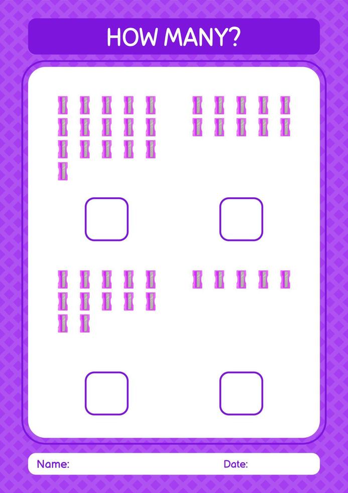 How many counting game with pencil sharpener. worksheet for preschool kids, kids activity sheet vector