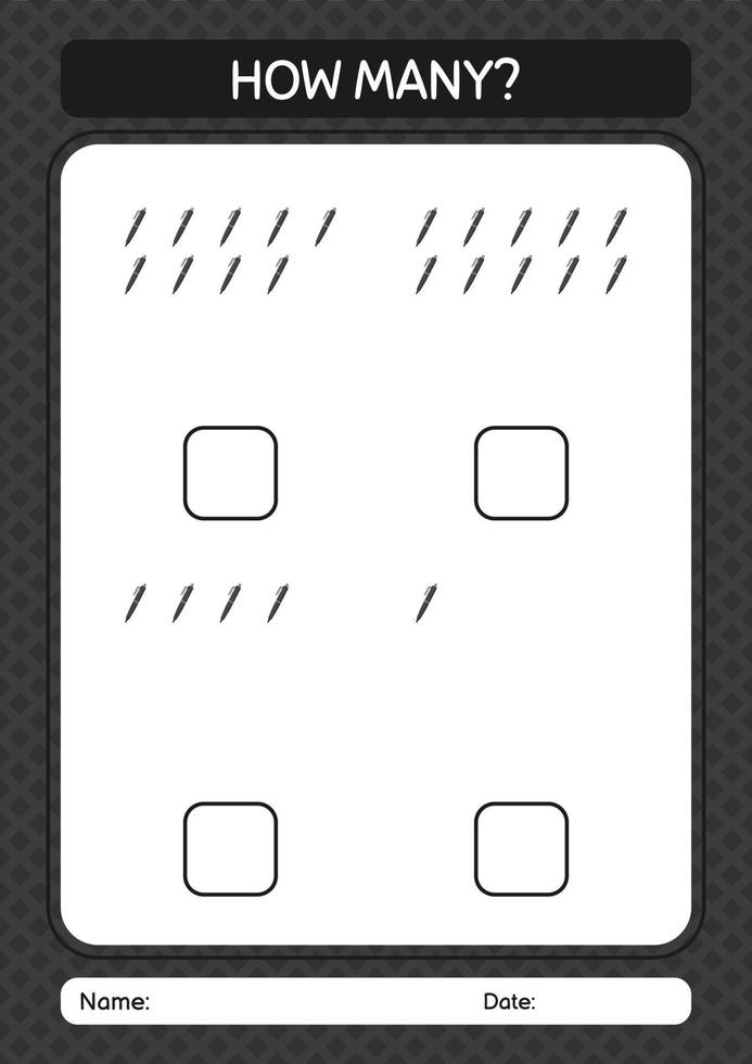 How many counting game with pen. worksheet for preschool kids, kids activity sheet vector