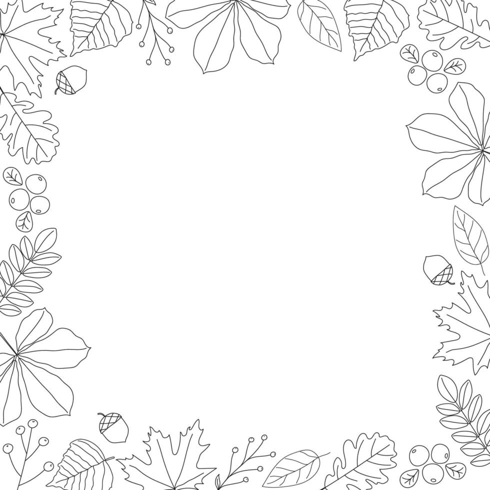 Autumn leaves frame. Line art design. Doodle style. Isolated vector illustration