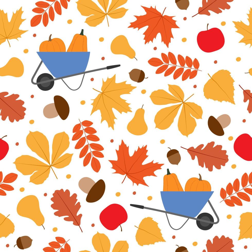 Autumn seamless pattern with falling leaves, pumpkins on wheelbarrow, mushrooms, apples and pears. vector