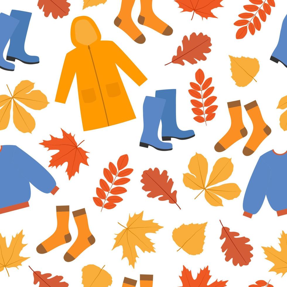 Autumn seamless pattern. Raincoat, sweater, rubber boots, socks and falling leaves on  background. Fall season background. Vector illustration