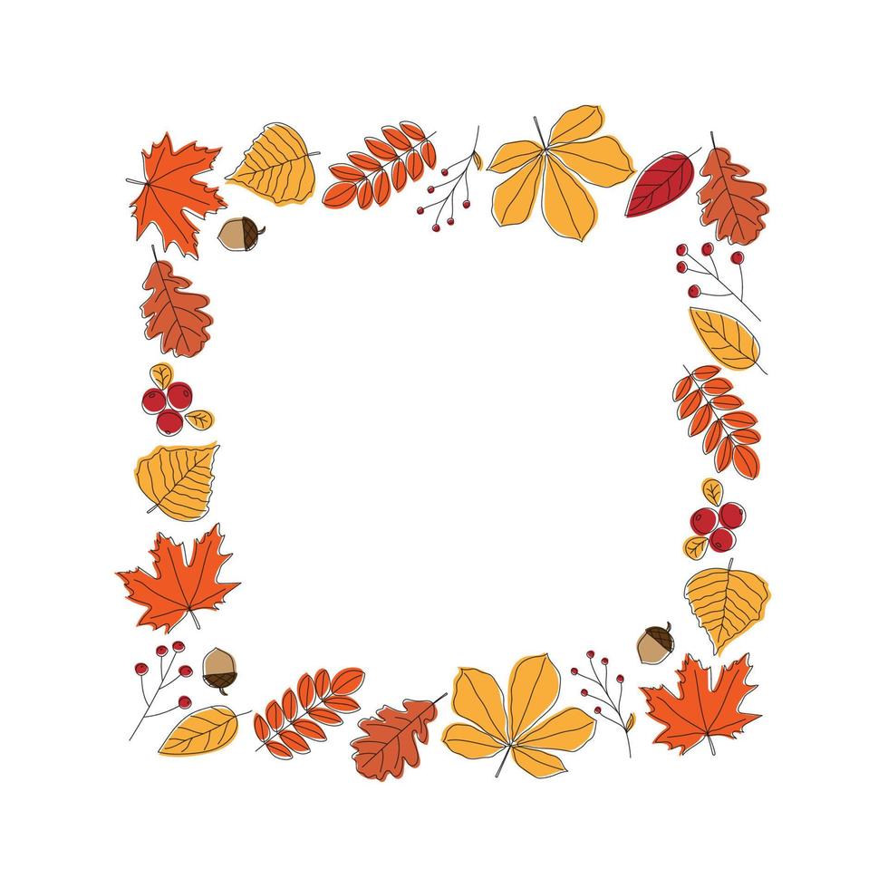 Colorful autumn leaves square frame. Line art design. Doodle style. Isolated vector illustration
