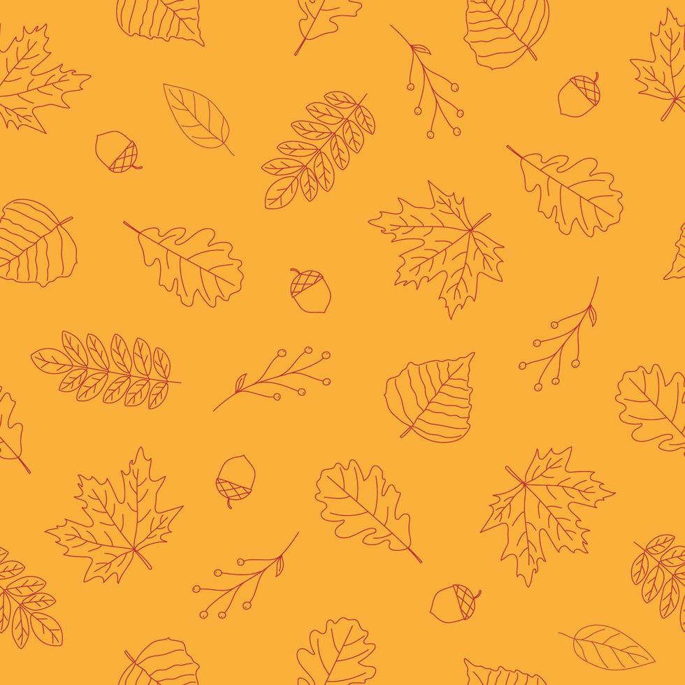 patrón sin costuras de hojas de otoño rojas sobre fondo amarillo. diseño de arte lineal. estilo garabato. fondo para la naturaleza, el eco y el diseño otoñal vector