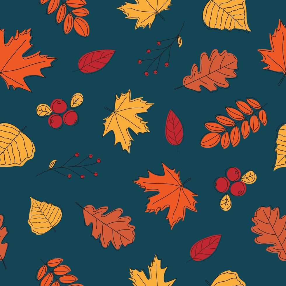 patrón sin costuras de hojas de otoño sobre fondo azul oscuro. hojas coloridas de arte lineal. fondo para la naturaleza, el eco y el diseño otoñal vector
