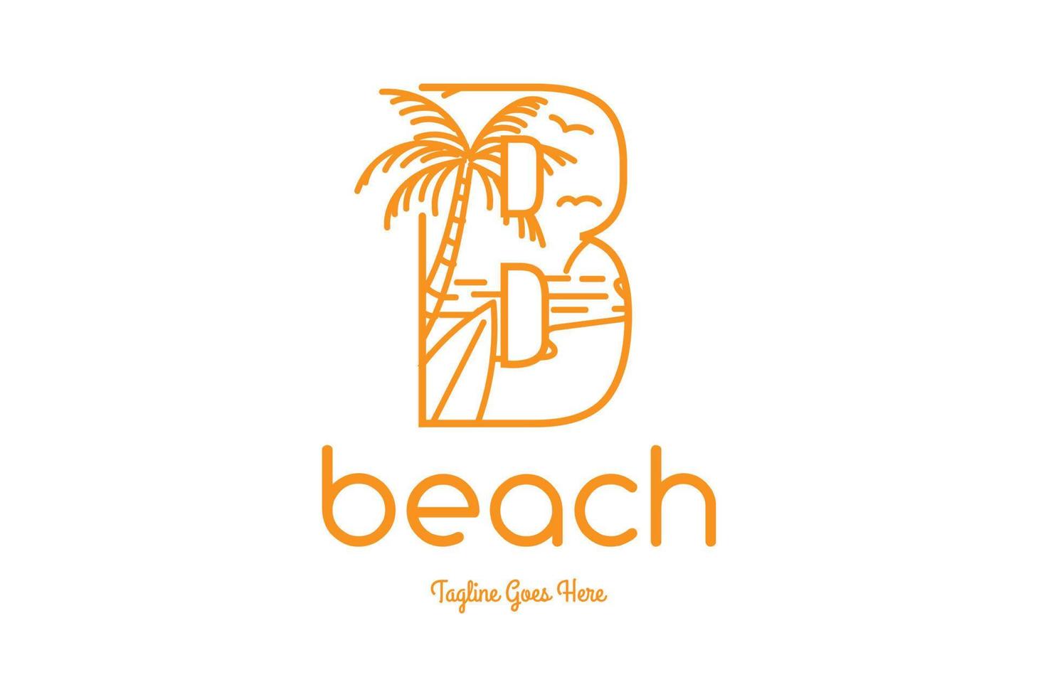 Letter B with Palm Tree Wave Sea Sunset and Surfboard for Beach Surf Travel Vacation Logo Design vector