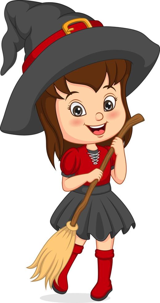 Cartoon little girl wearing halloween witch costume vector