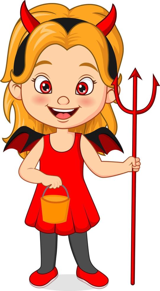 Cartoon little girl wearing halloween devil costume vector