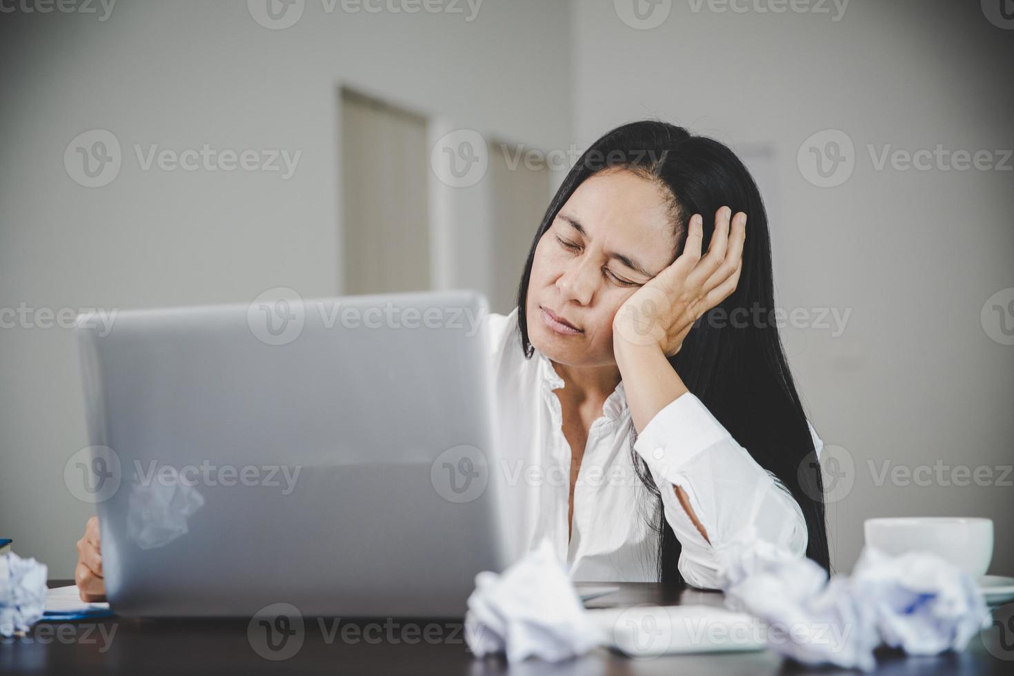 Stress business woman person from hard work, depression in office
