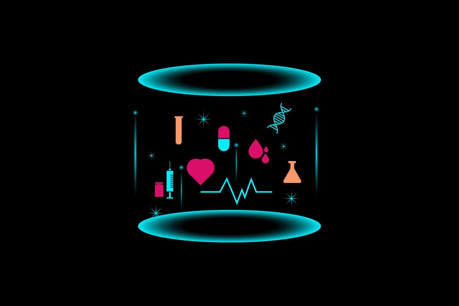Telemediciene concept. Oval shape with the icons of medical such as a syringe, drug, DNA, capsule, heart rate, and stethoscope on blue background. E-healthy and innovative medical diagnosis. vector