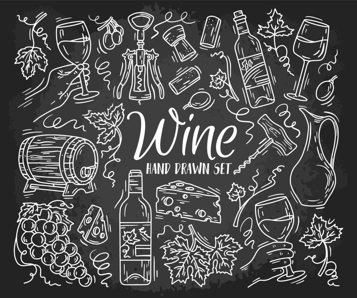 Wine and cheese vector hand drawn chalk set on the blackboard