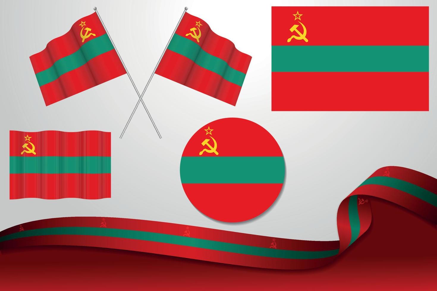 conjunto de banderas de transnistria en diferentes diseños, icono, banderas desolladas y cinta con fondo. vector