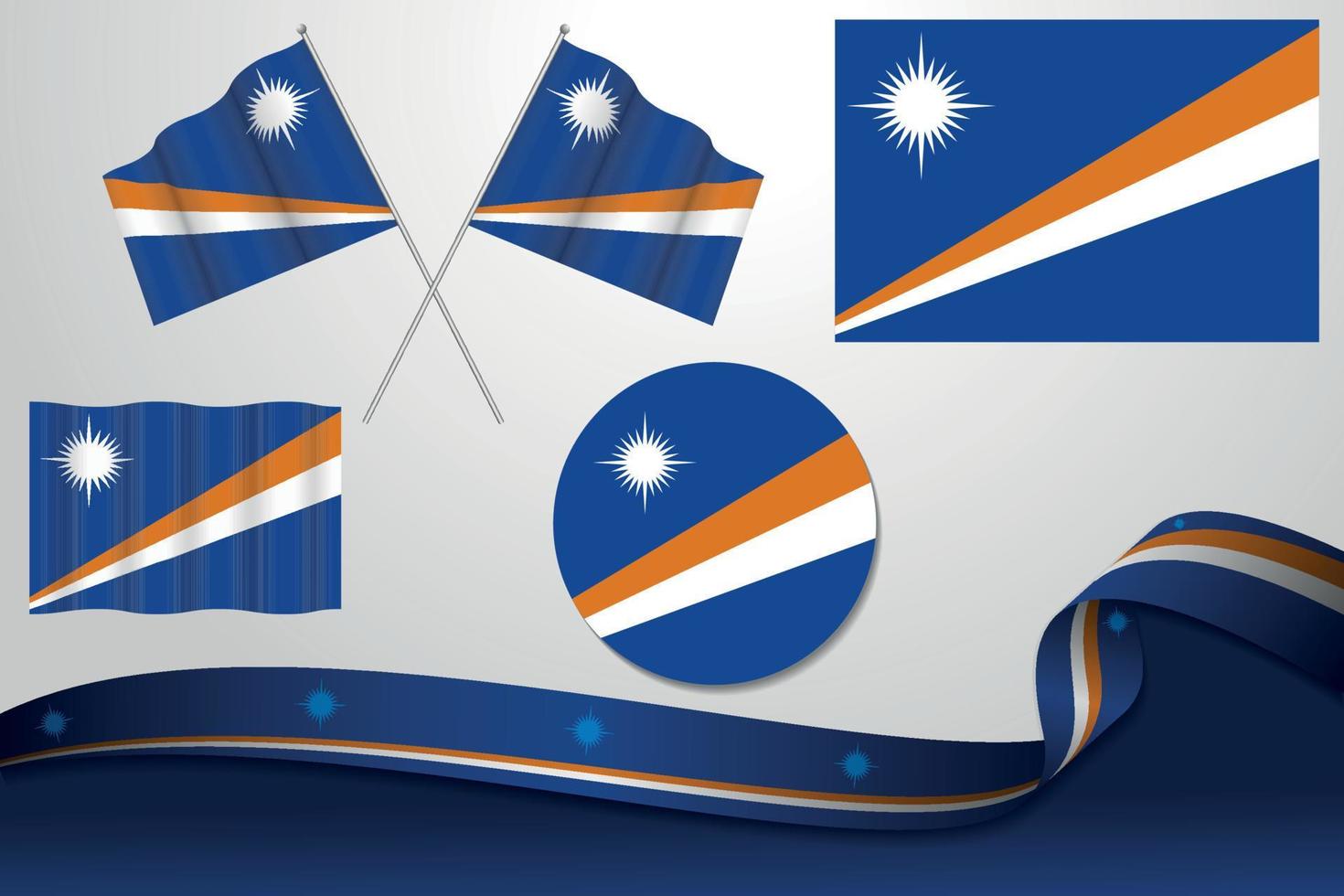 conjunto de banderas de las islas marshall en diferentes diseños, icono, banderas desolladas y cinta con fondo. vector