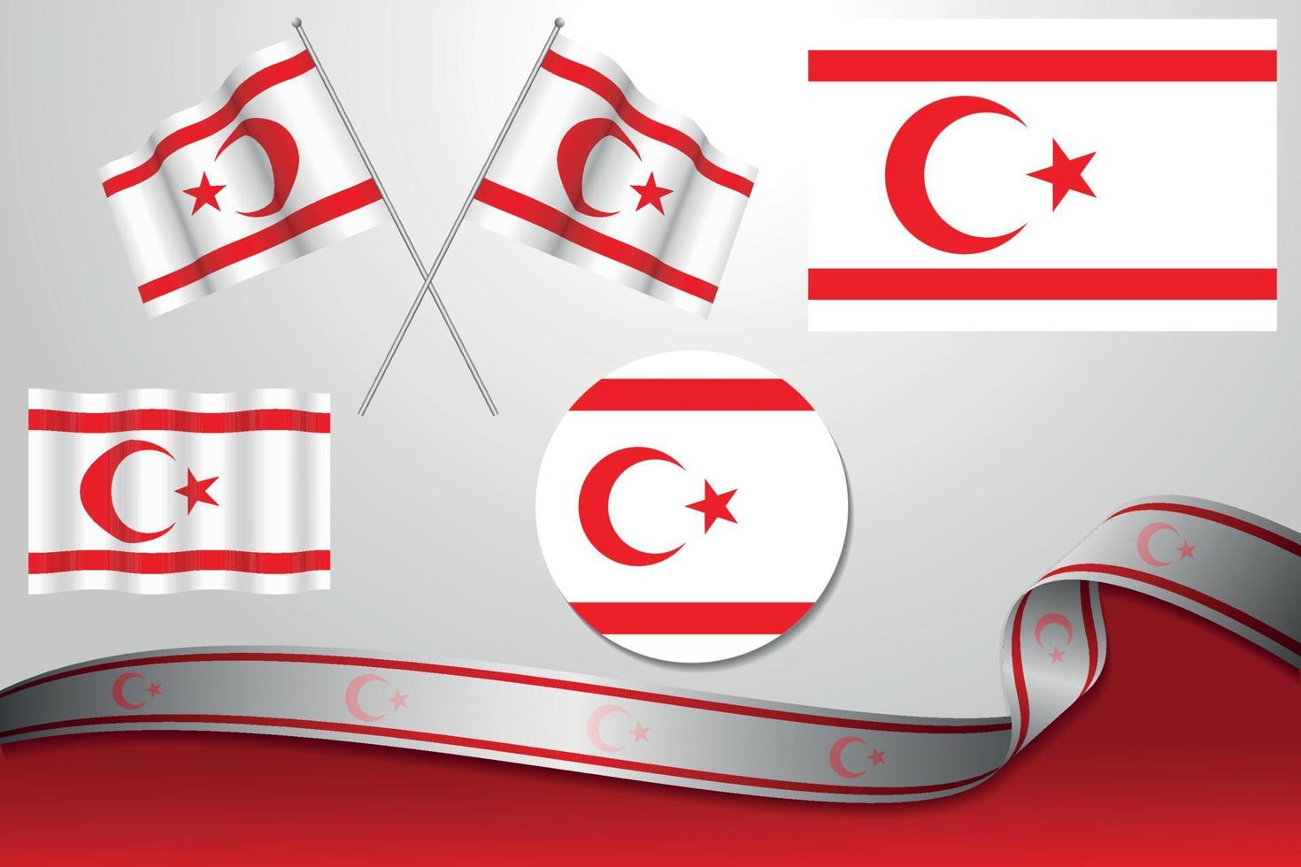 Set Of Northern Cyprus Flags In Different Designs, Icon, Flaying Flags And ribbon With Background. vector