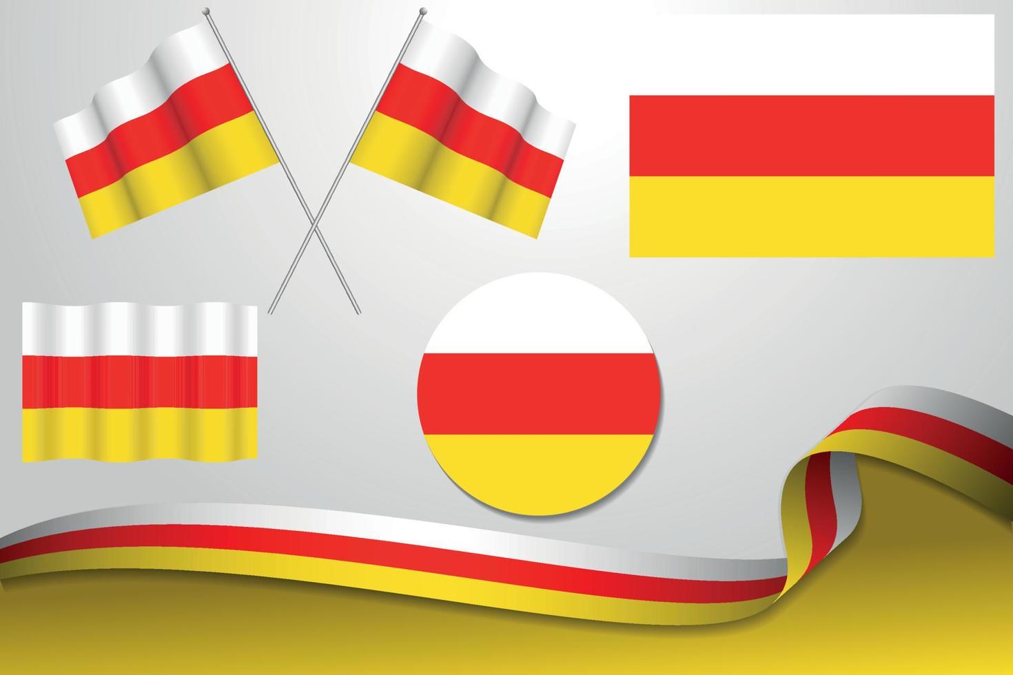Set Of South Ossetia Flags In Different Designs, Icon, Flaying Flags And ribbon With Background. vector