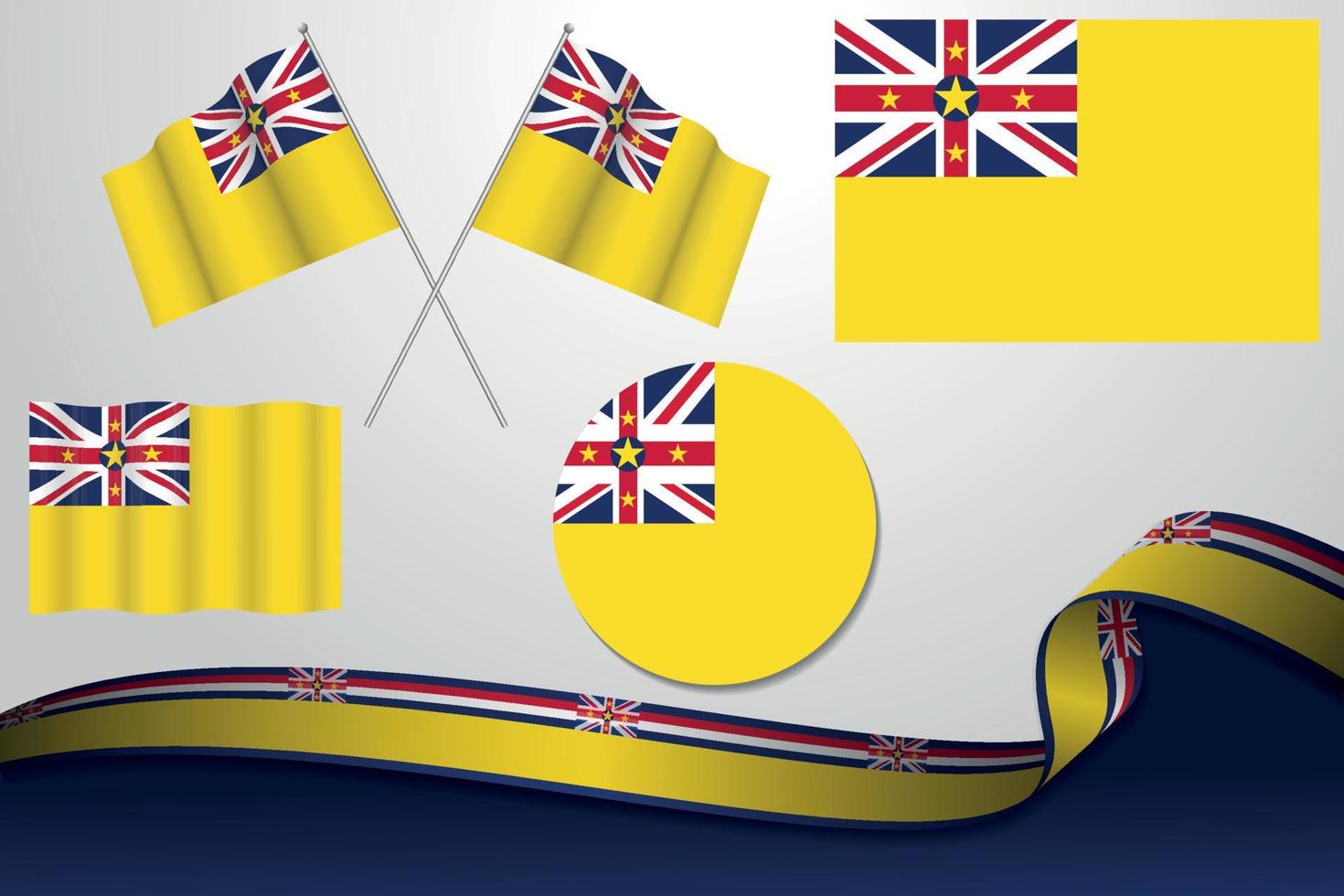 Set Of Niue Flags In Different Designs, Icon, Flaying Flags And ribbon With Background. vector