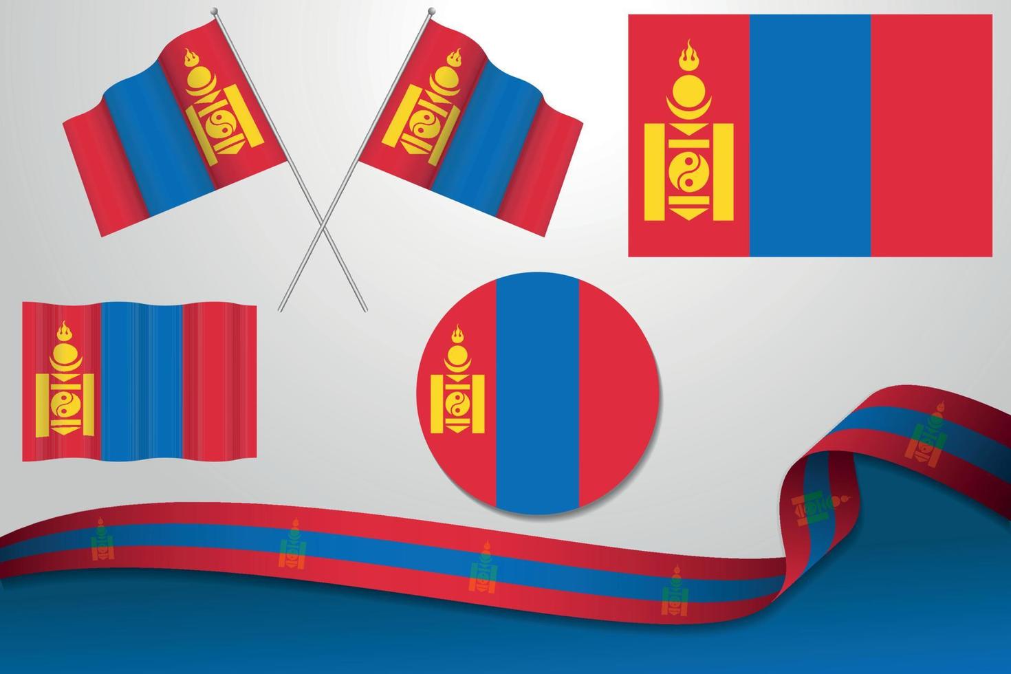 Set Of Mongolia Flags In Different Designs, Icon, Flaying Flags And ribbon With Background. vector