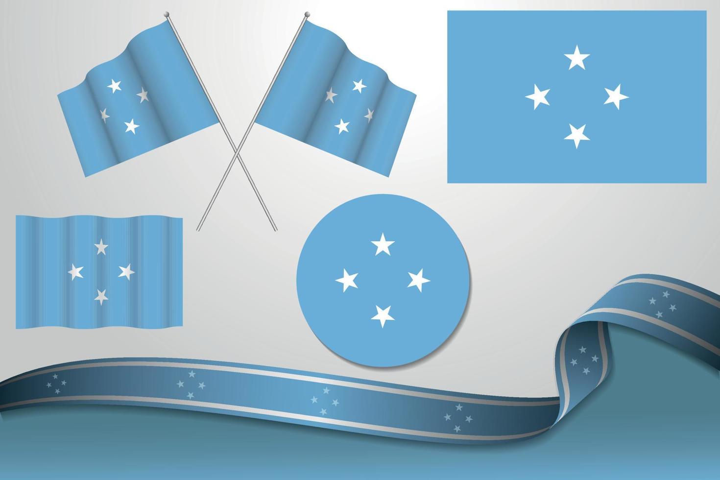 Set Of Micronesia Flags In Different Designs, Icon, Flaying Flags And ribbon With Background. vector