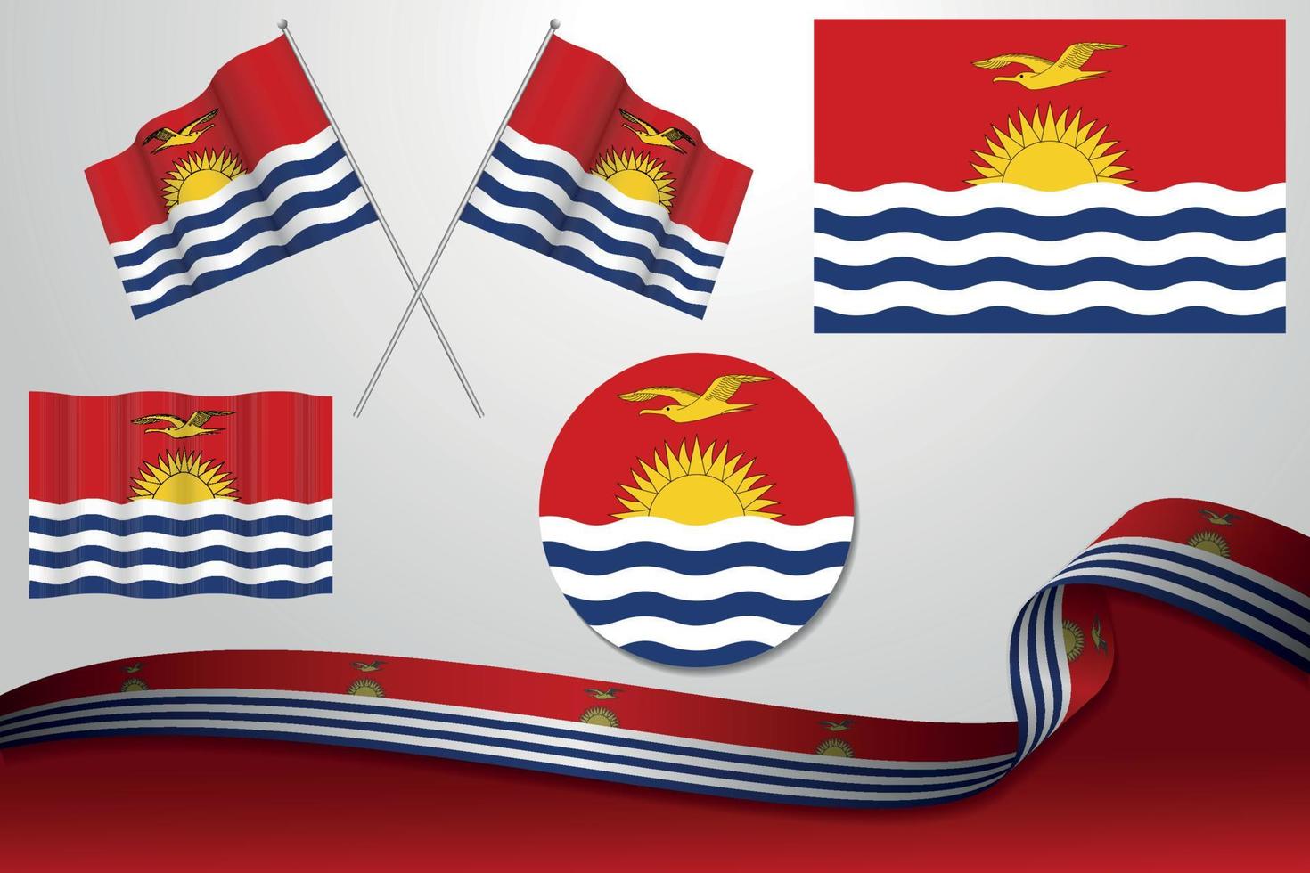 Set Of Kiribati Flags In Different Designs, Icon, Flaying Flags And ribbon With Background. vector