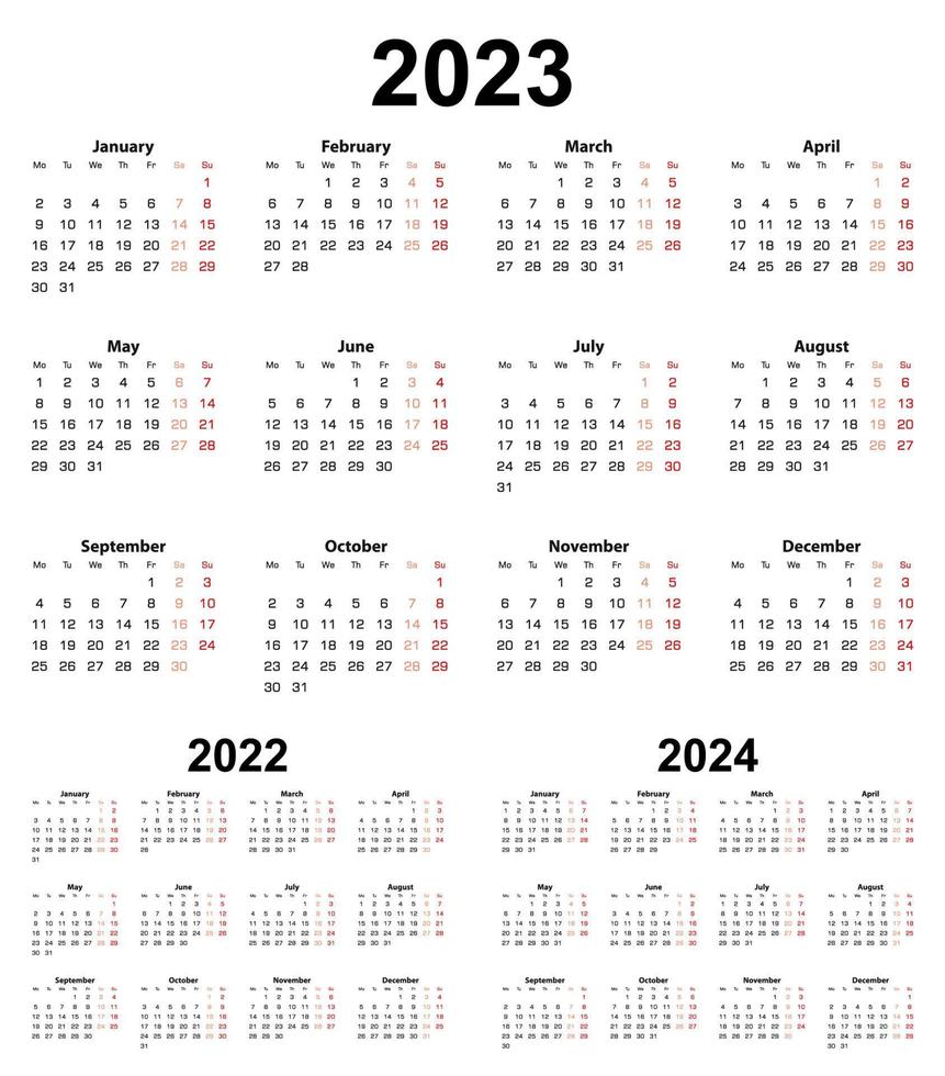 Basic calendar for year 2023 and 2022, 2024. Week starts on Monday. vector