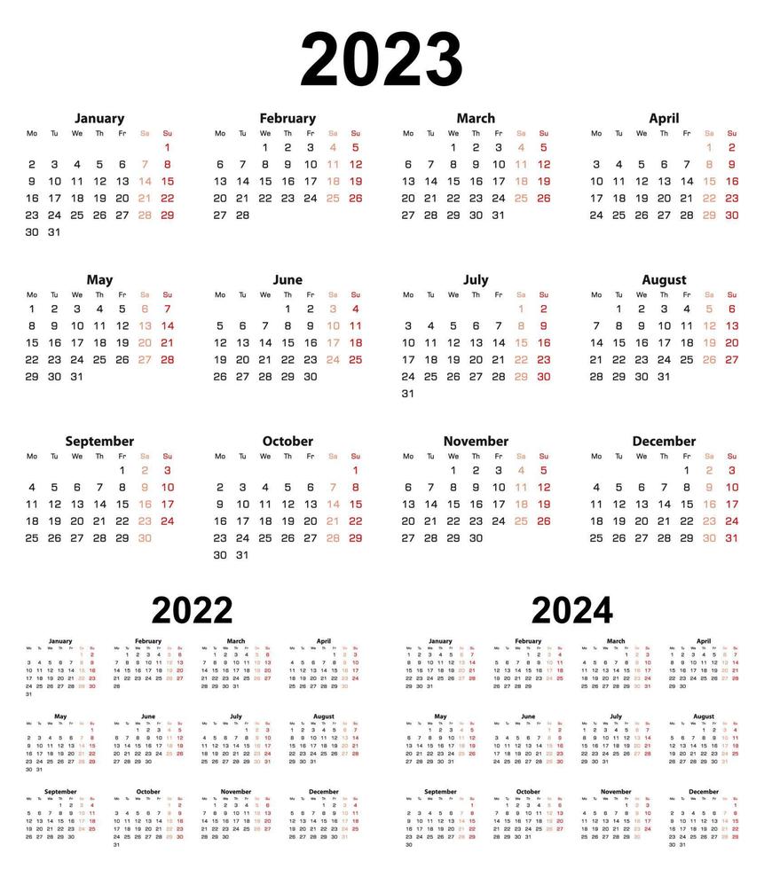 Basic calendar for year 2023 and 2022, 2024. Week starts on Monday. vector