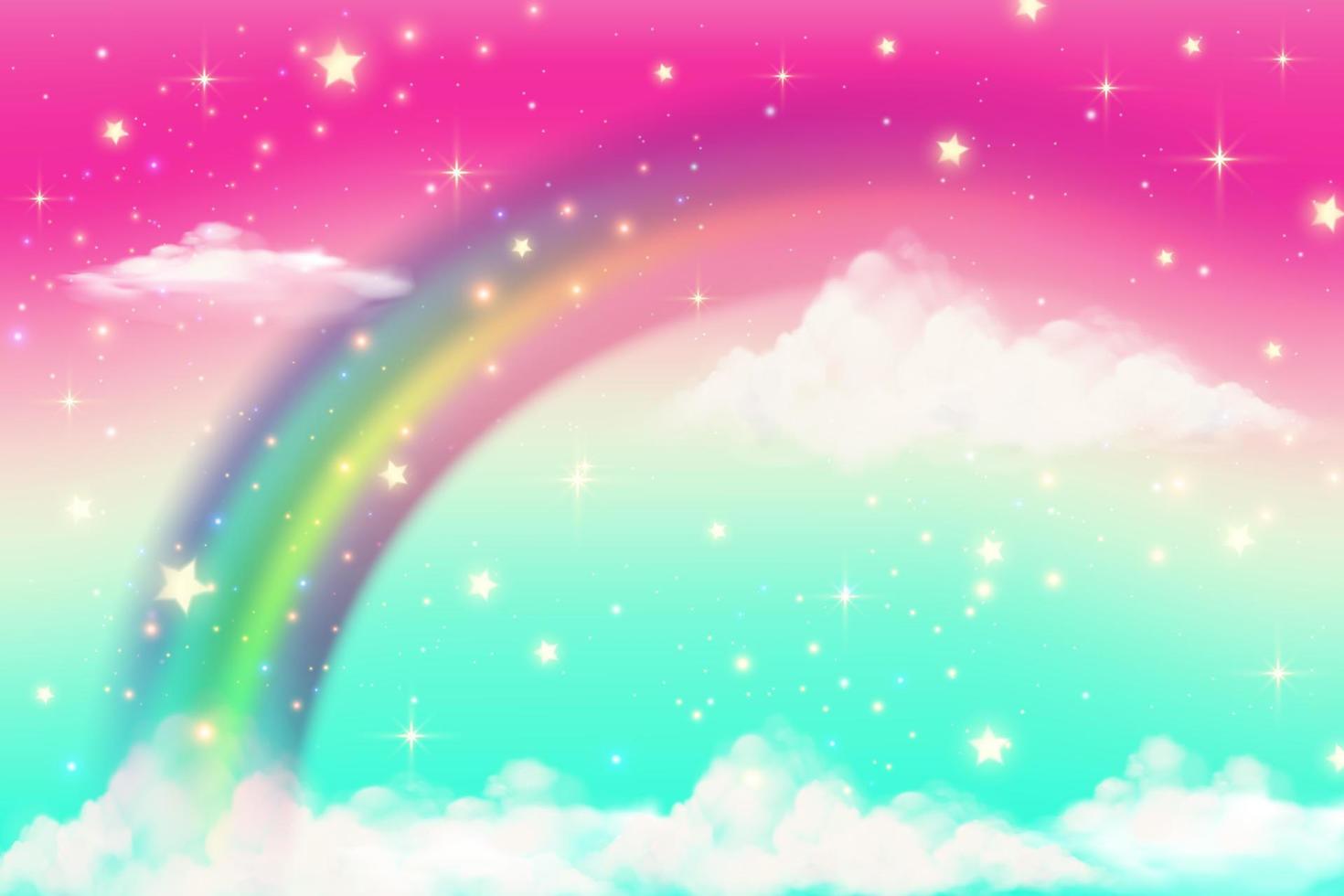 Rainbow background with clouds and sprinkles in watercolor style on pink background. Fantasy pastel color. Realistic vector cartoon illustration.