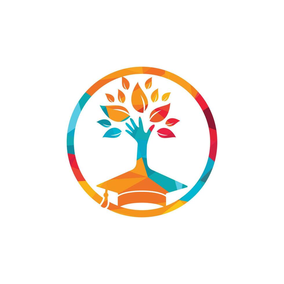 seguro de educación y concepto de logotipo de apoyo. gorra de graduación y logotipo del icono del árbol de la mano. vector