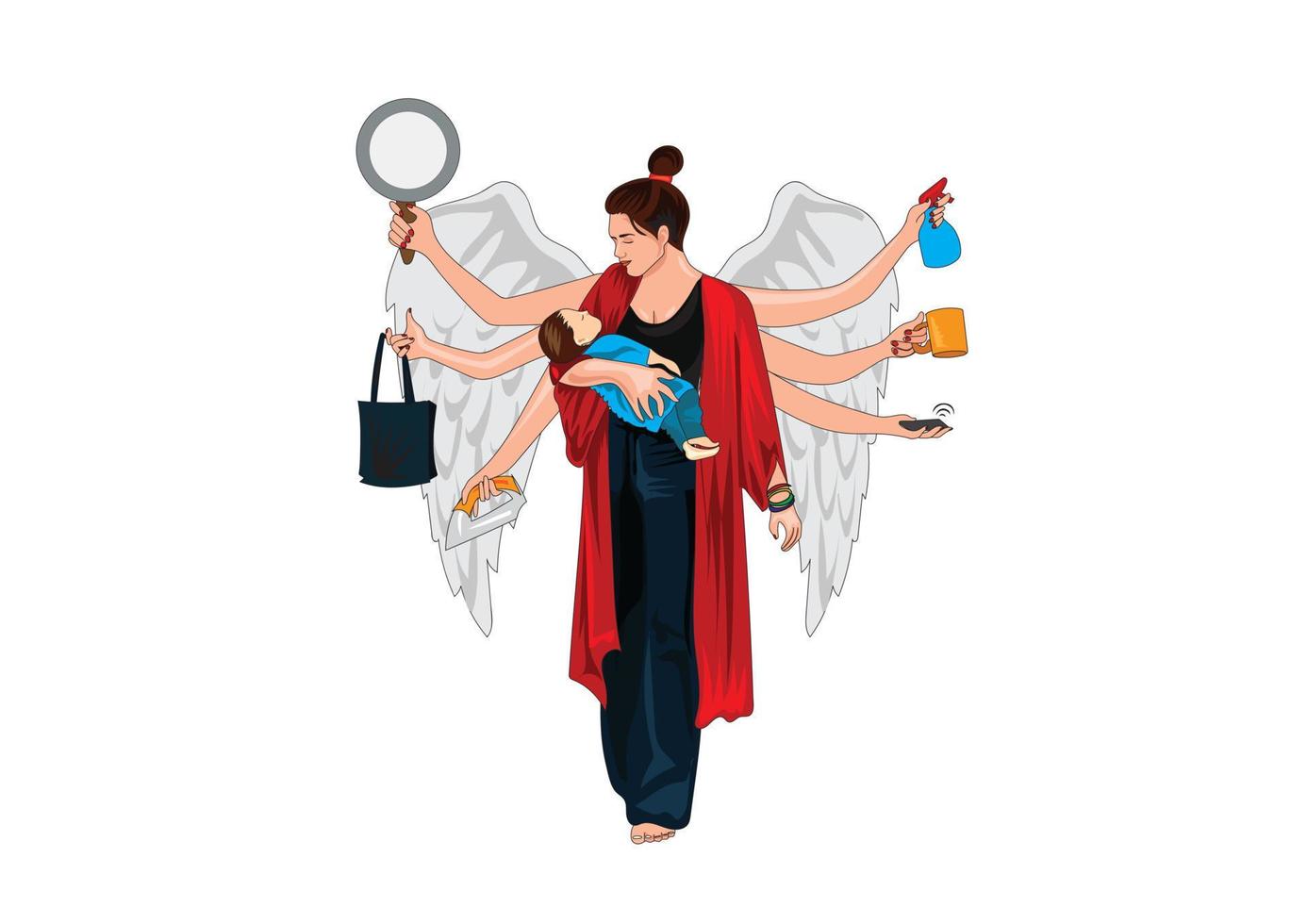 Mother's Day. Domestic tasks woman. A multifunctional female character with many hands doing different jobs. vector