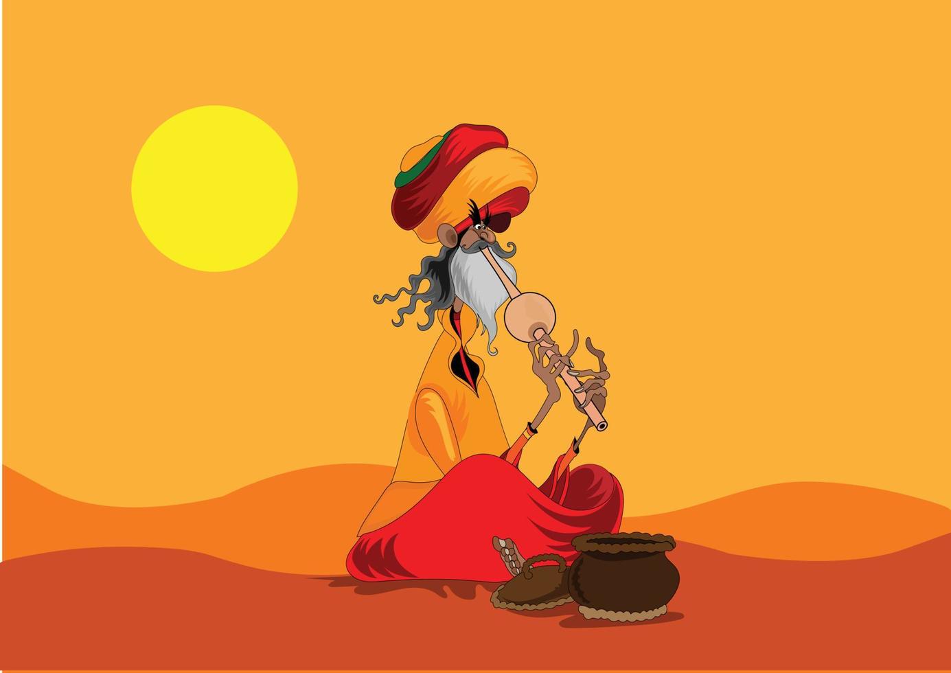 Snake charmer old man playing on flute cartoon vector