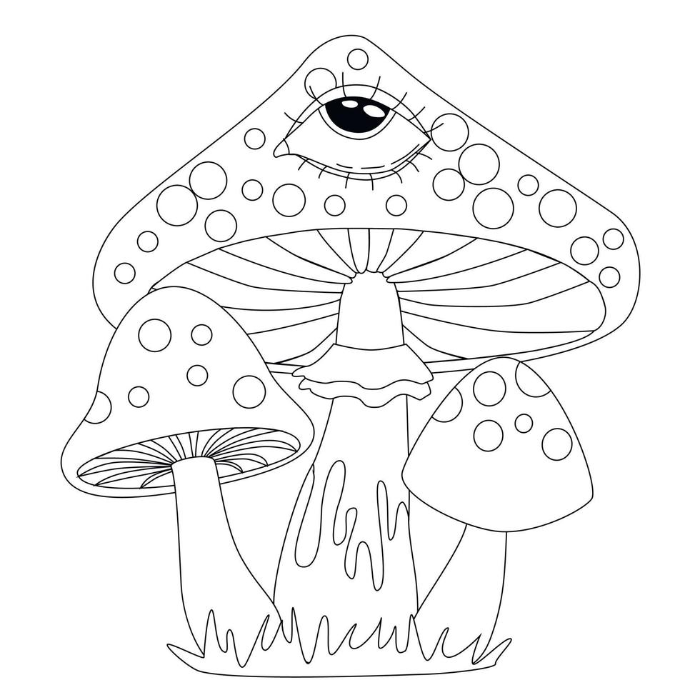 Magic mushrooms. Psychedelic hallucination. Black and white vector illustration.