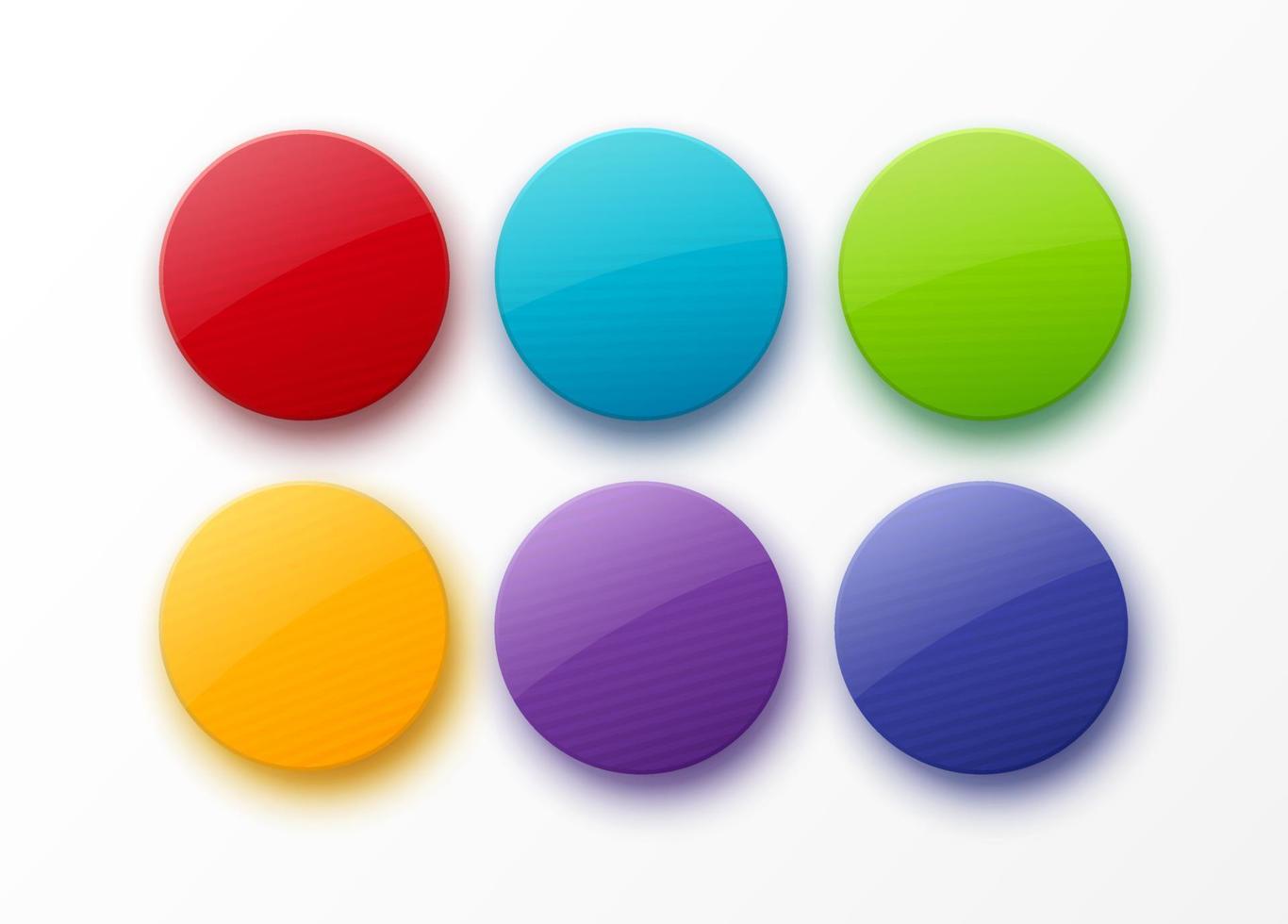 conjunto de insignias brillantes redondas de colores aisladas en fondo blanco. formas en blanco del círculo 3d. vector