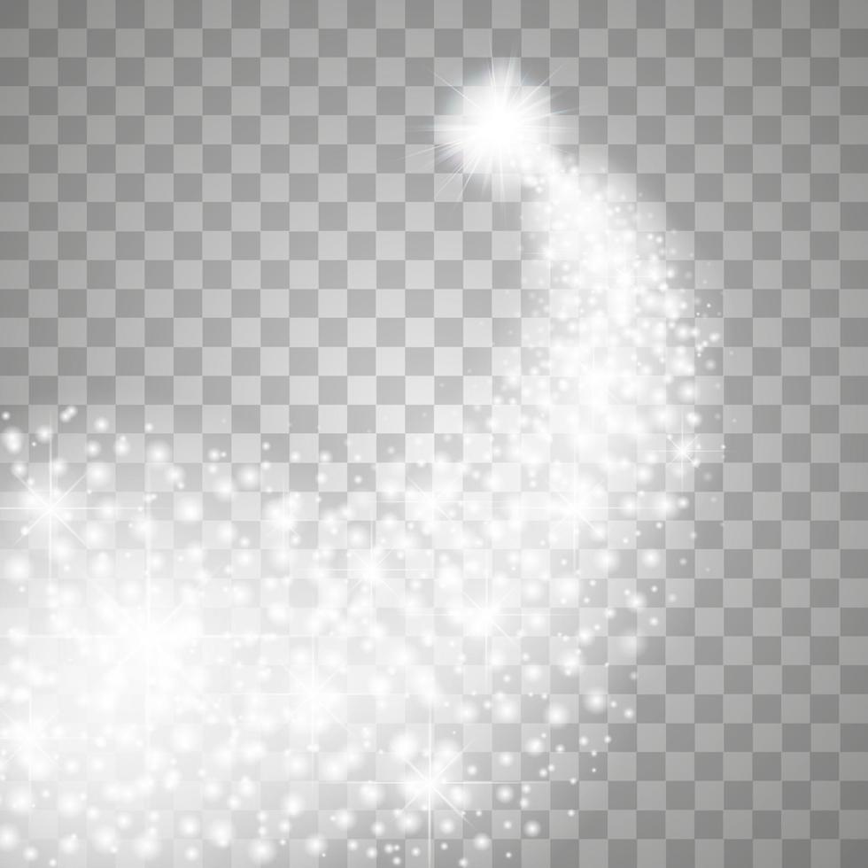 Magic glowing spark swirl trail effect isolated on transparent background. Bokeh glitter wave line with flying sparkling flash lights vector