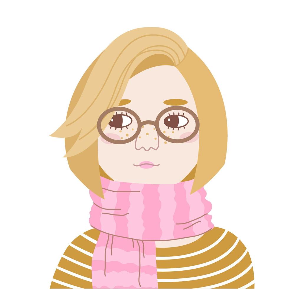 retrato de una joven mujer sin sonreír con gafas. adolescente pensativo en bufanda mirando hacia los lados. ilustración de dibujos animados vectoriales de una chica rubia sobre fondo blanco. avatar dibujado a mano para la red social. vector