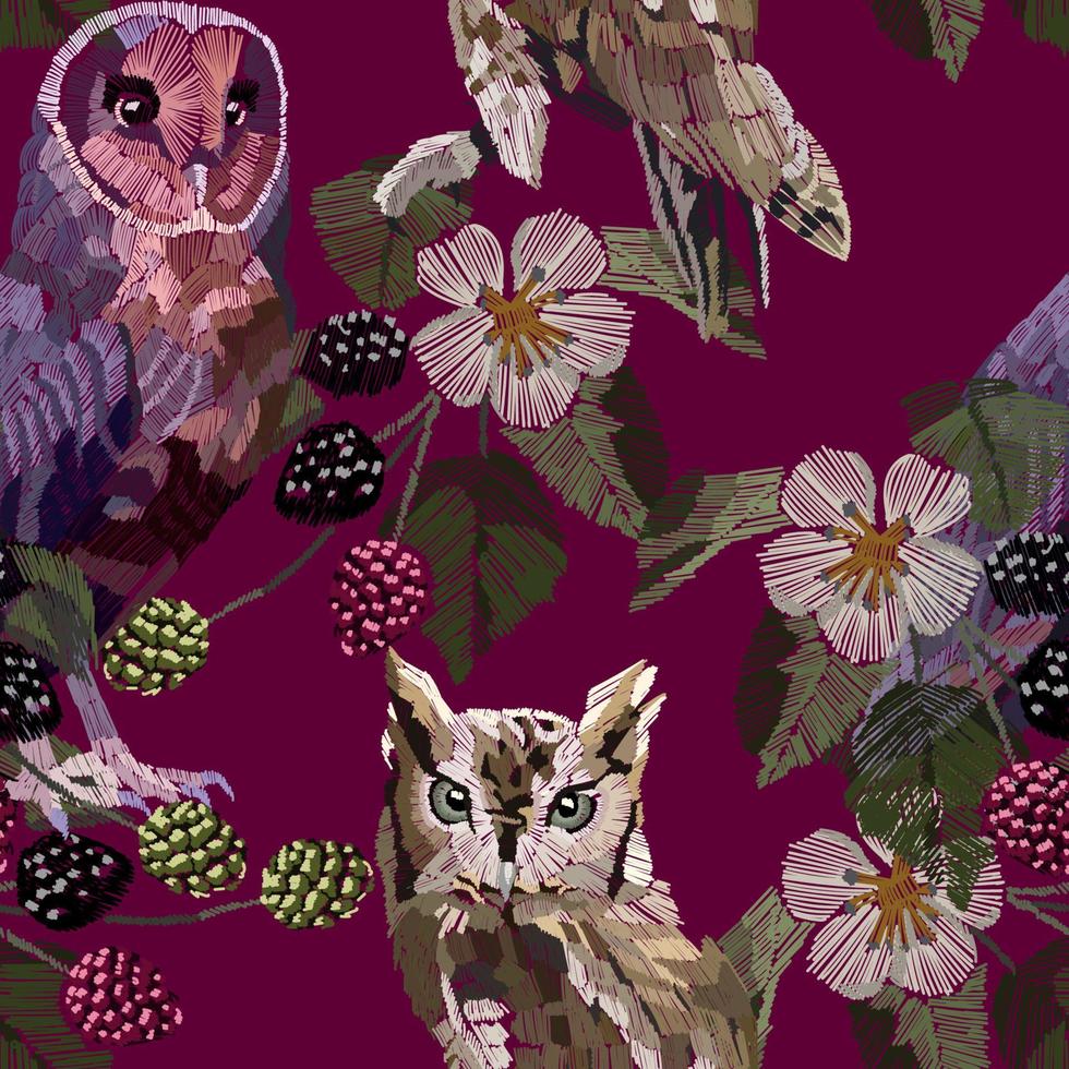 Owls with blackberries seamless pattern. vector