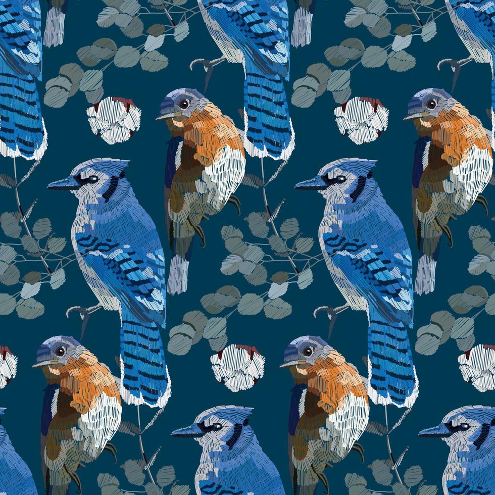Background with birds and branches. Bluebird and blue jay. vector