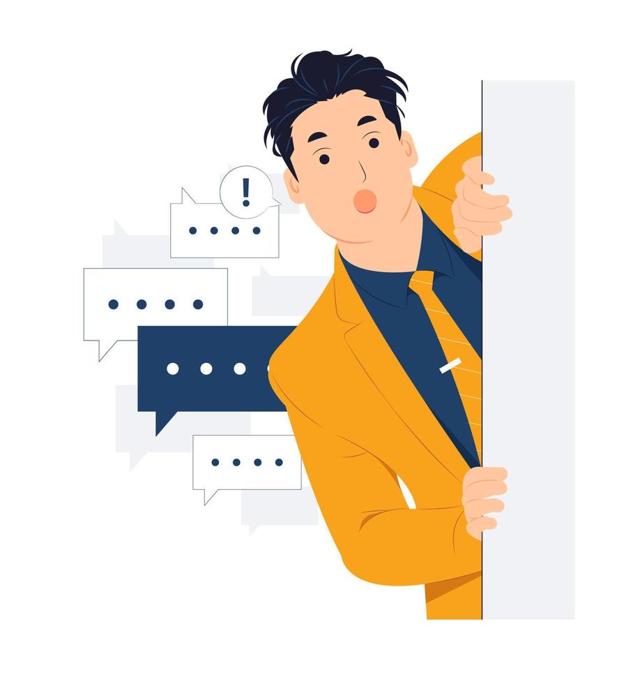 Cheerful Young Businessman standing behind a wall while peeking with curiosity, startled, shocked, Surprised, peeping, listening, discovery and Pay attention concept illustration vector