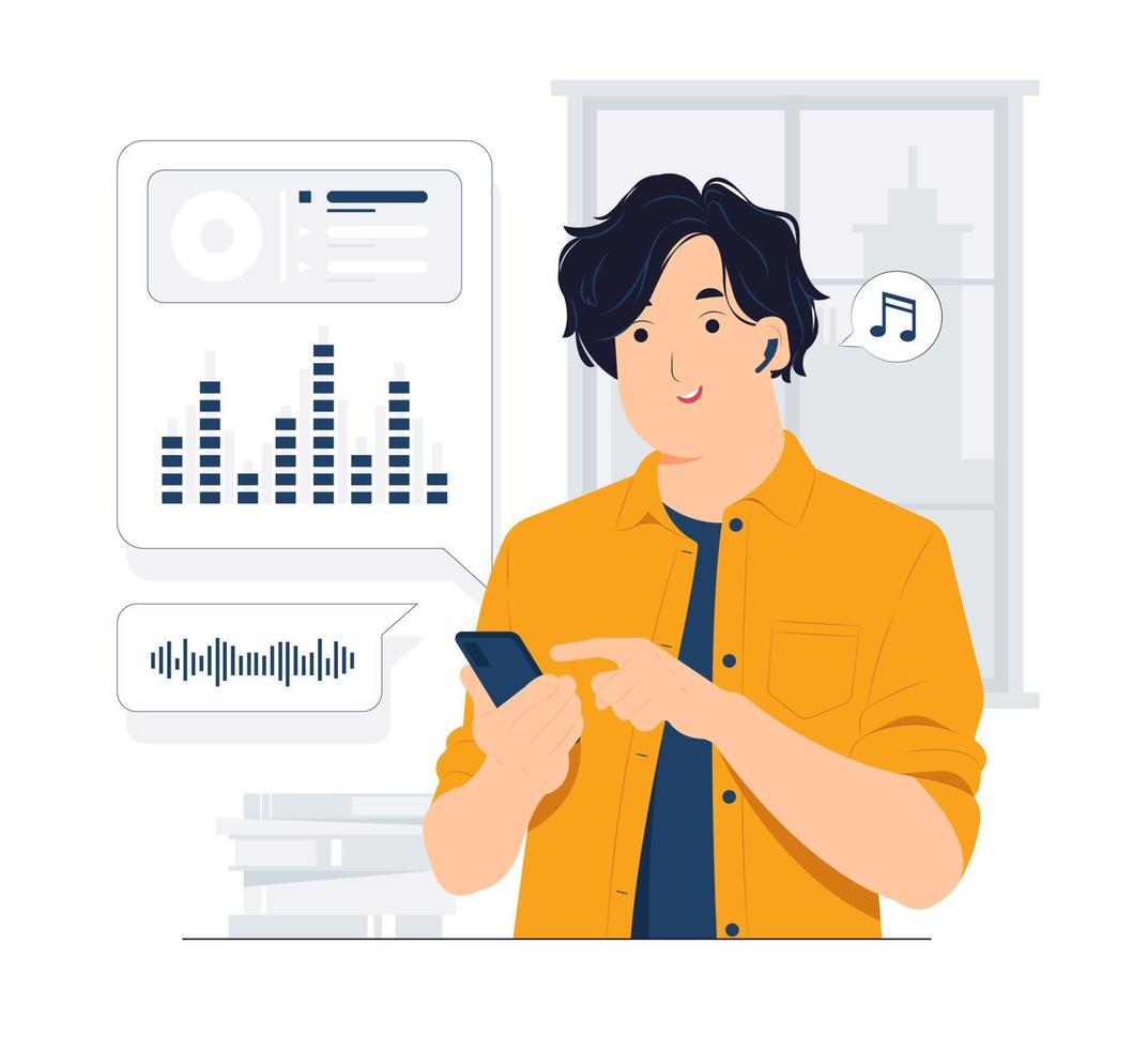 Listening to the music in headphones, choosing sound track, song, play list, podcast on phone concept illustration vector